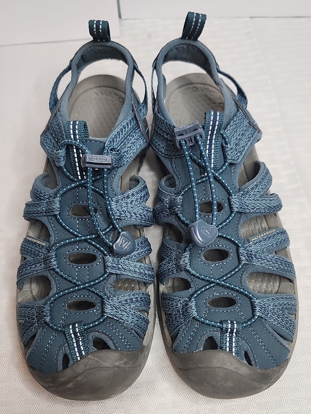 Keen Whisper Sport Sandals Water Hiking Bungee Lace Blue Gray